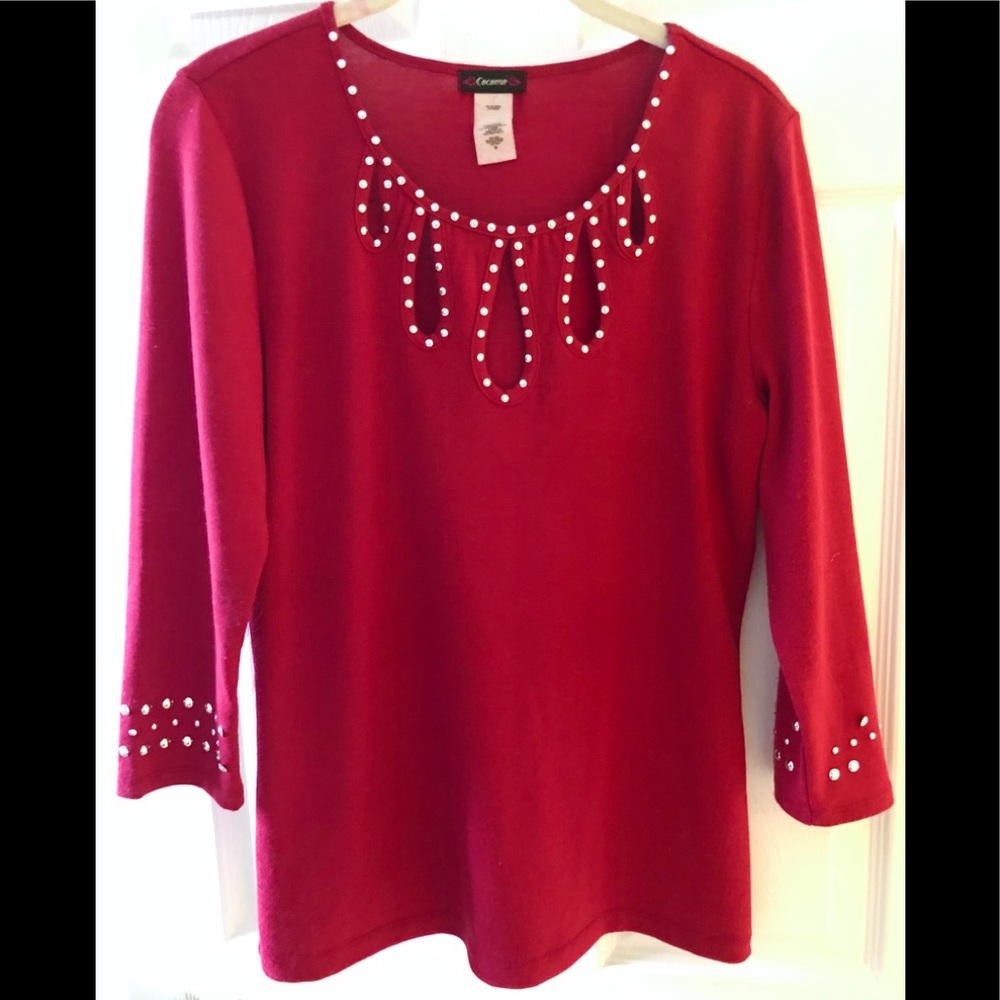 Red Holiday stud embellish bling cut-out sweater M